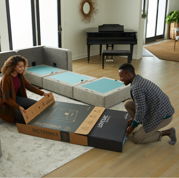 Unpacking StealthTech Sound and Charge System Lovesac sectional couch
